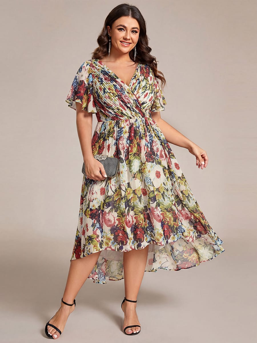 ever FAYE|Chic V Neck High-Low Short Sleeve Wedding Guest Dress #color_Printed Cream