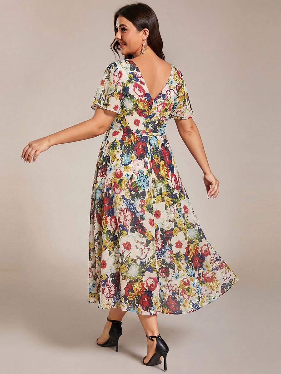 ever FAYE|Chic V Neck High-Low Short Sleeve Wedding Guest Dress #color_Printed Cream