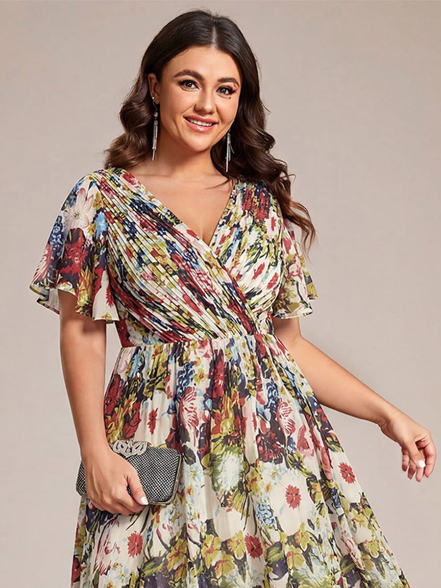 ever FAYE|Chic V Neck High-Low Short Sleeve Wedding Guest Dress #color_Printed Cream