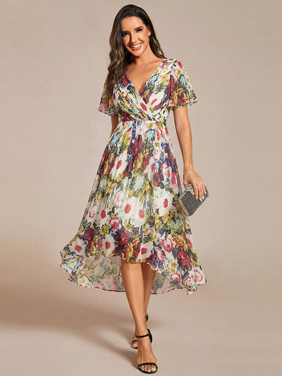 ever FAYE|Chic V Neck High-Low Short Sleeve Wedding Guest Dress