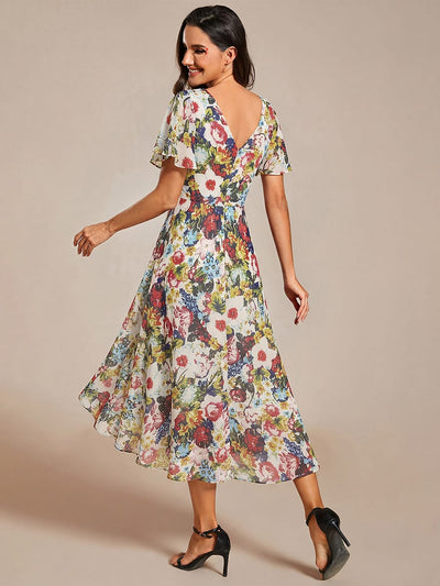 ever FAYE|Chic V Neck High-Low Short Sleeve Wedding Guest Dress