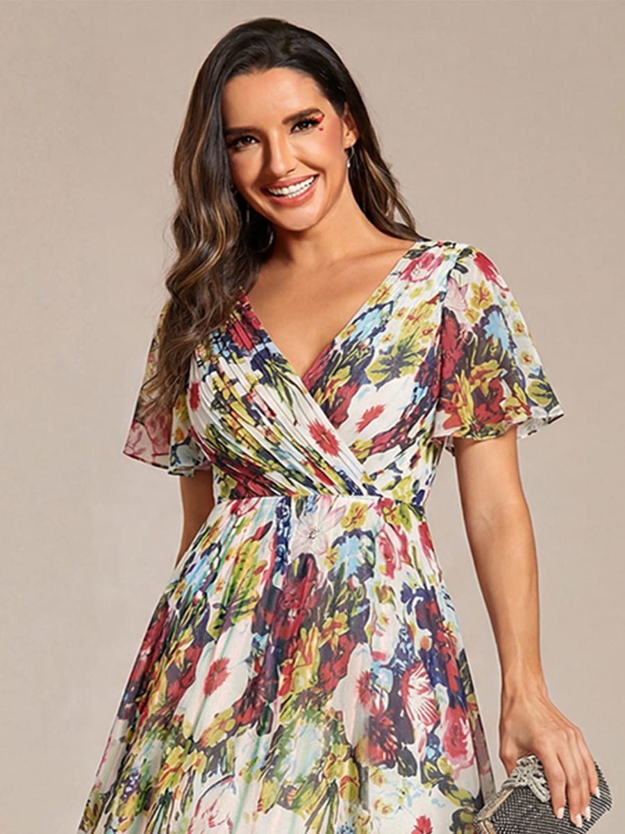 ever FAYE|Chic V Neck High-Low Short Sleeve Wedding Guest Dress #color_Printed Cream