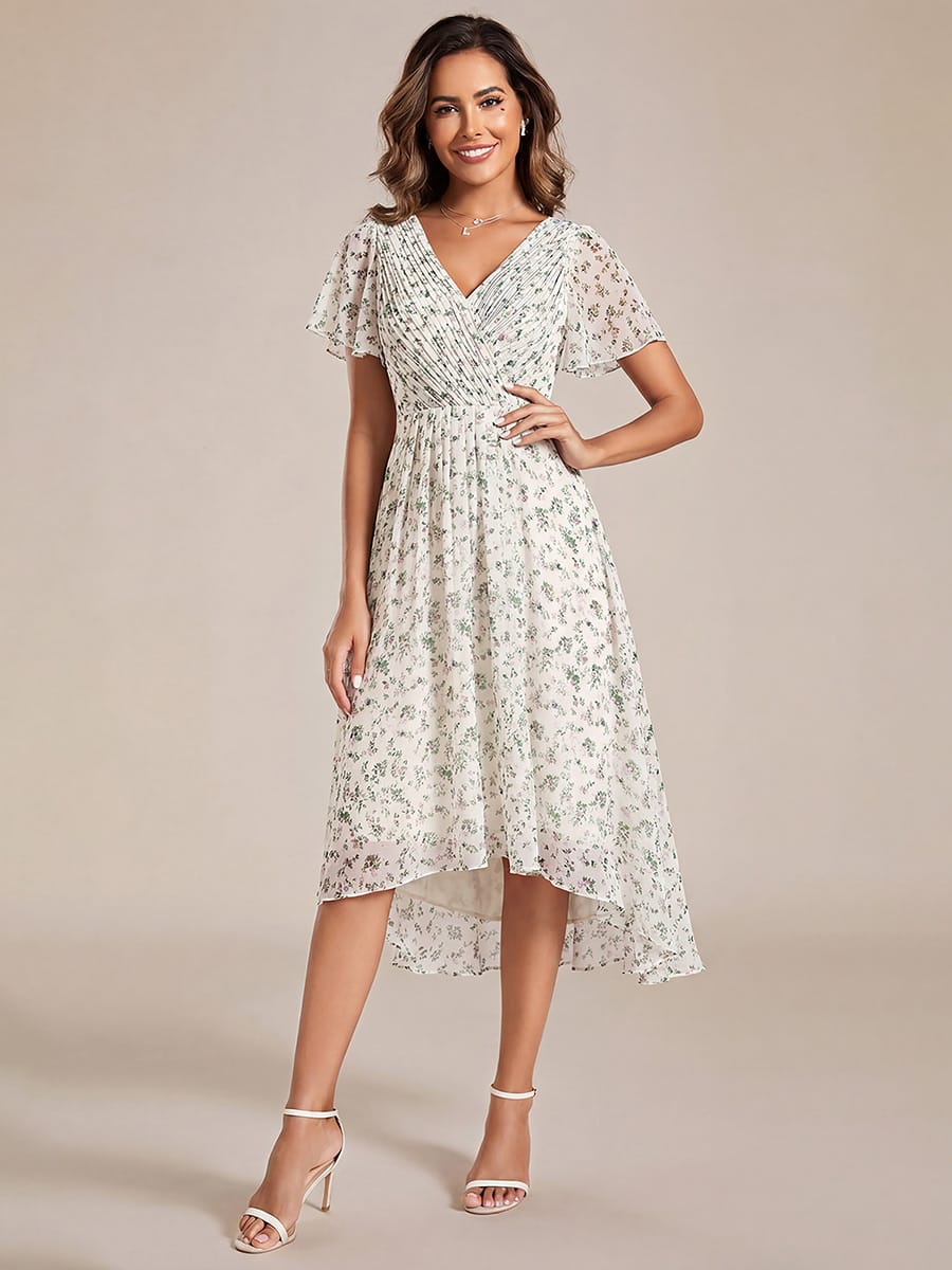Chic V Neck High-Low Wedding Guest Dress #color_White Green