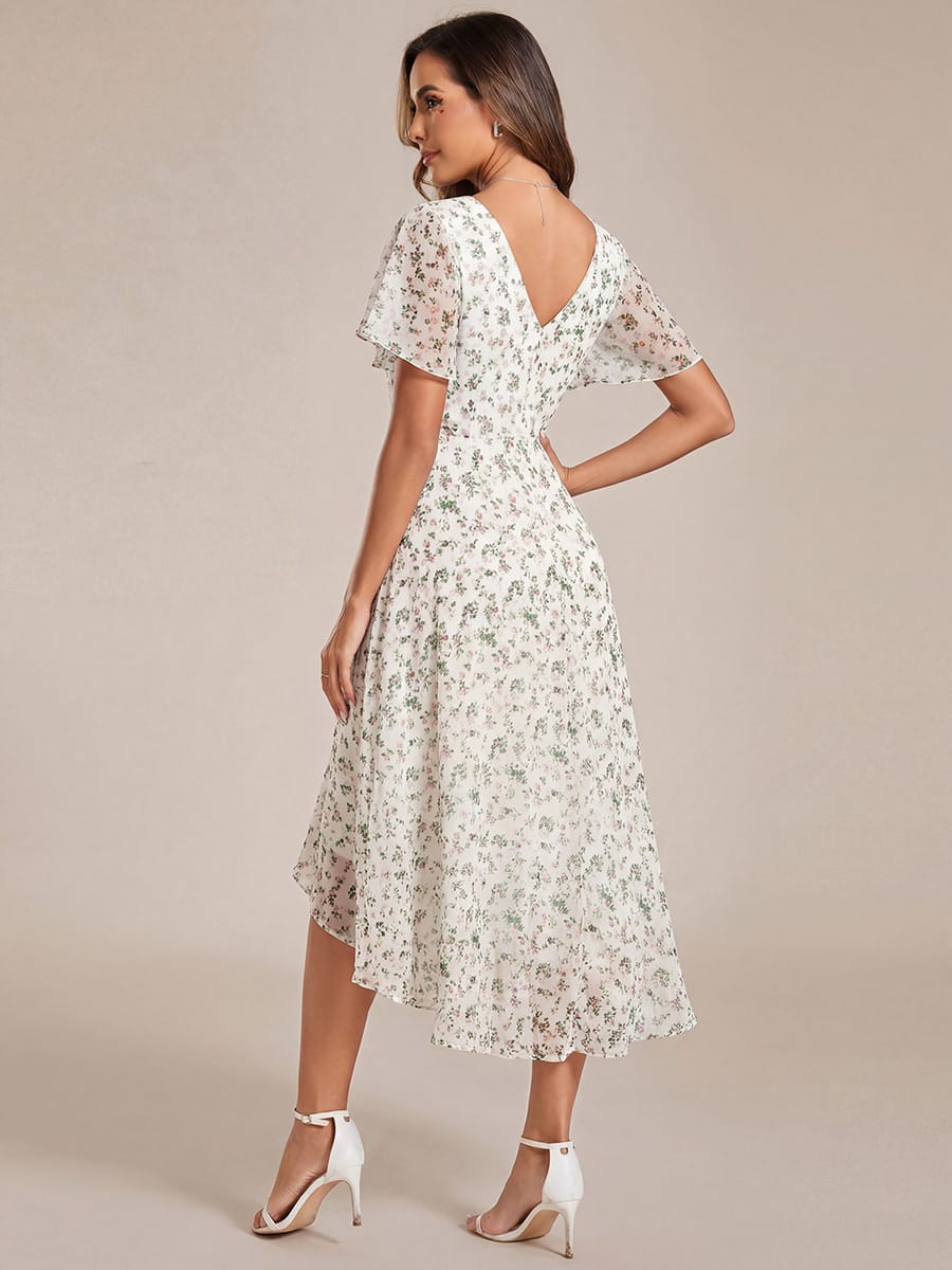 Chic V Neck High-Low Wedding Guest Dress #color_White Green