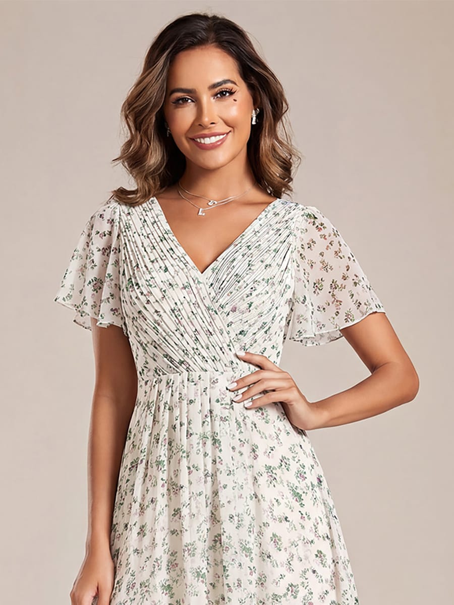 Chic V Neck High-Low Wedding Guest Dress #color_White Green