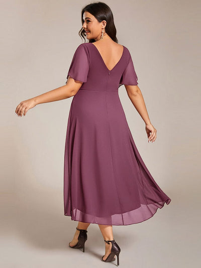 Chic V Neck High-Low Wedding Guest Dress #color_Damson