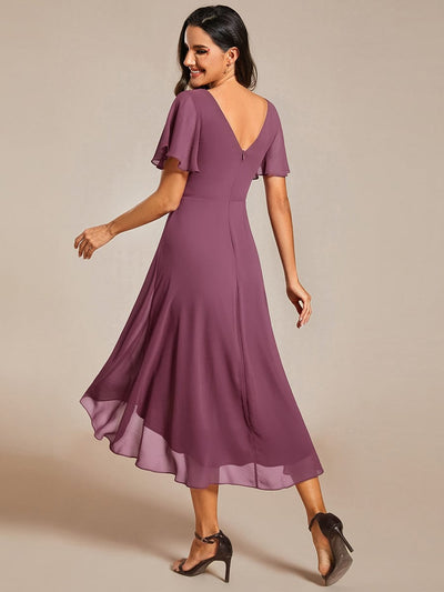 Chic V Neck High-Low Wedding Guest Dress #color_Damson