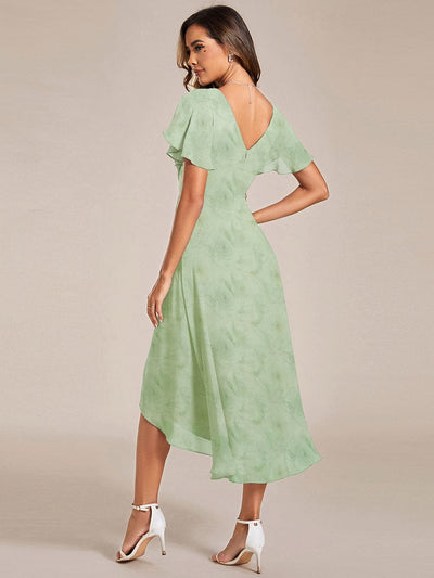 ever FAYE|Floral V Neck High-Low Short Sleeve Wedding Guest Dress #color_Light Green Roses