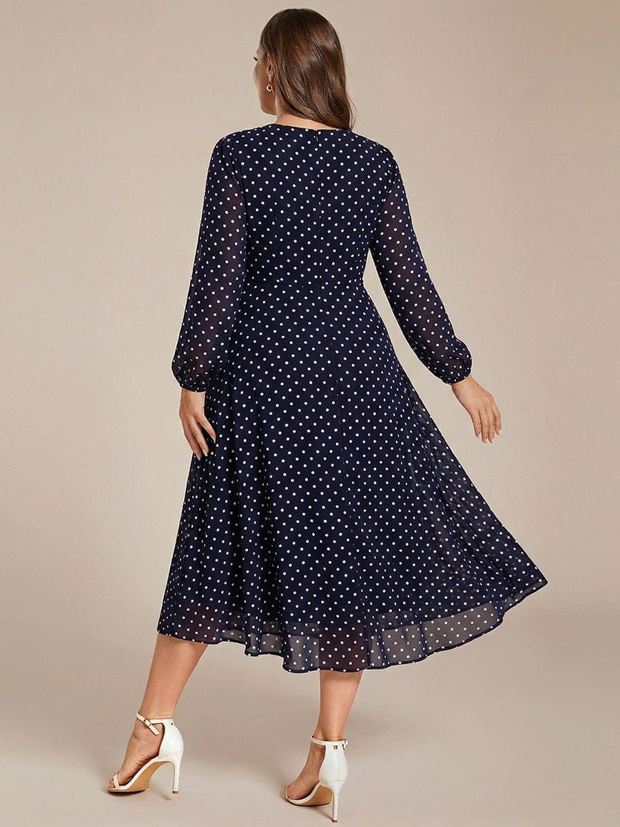 Chiffon Long Sleeve V-Neck High Low Wedding Guest Dress #color_Navy Blue Polka Dots