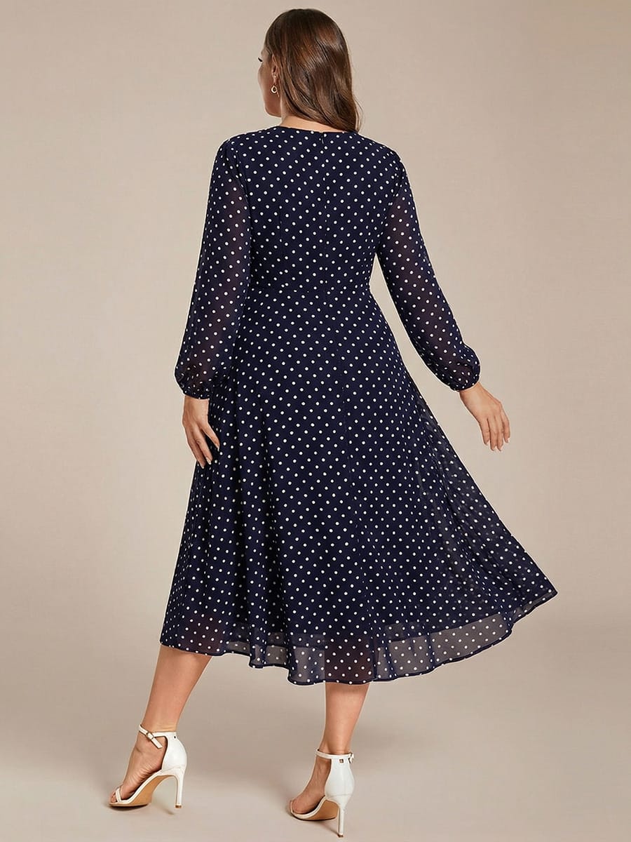 Elegant Long Sleeve V-Neck High Low Chiffon Wedding Guest Dress #color_Navy Blue Polka Dots
