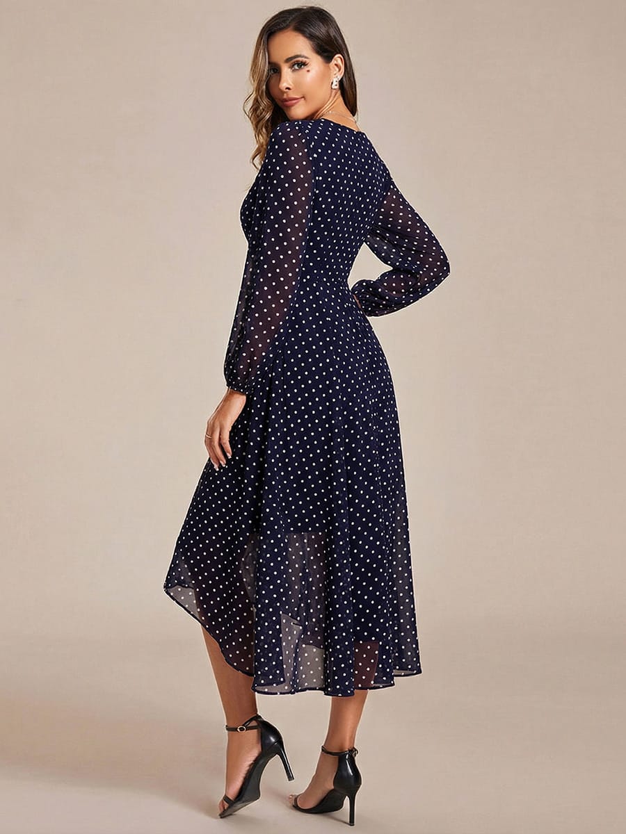 Elegant Long Sleeve V-Neck High Low Chiffon Wedding Guest Dress #color_Navy Blue Polka Dots