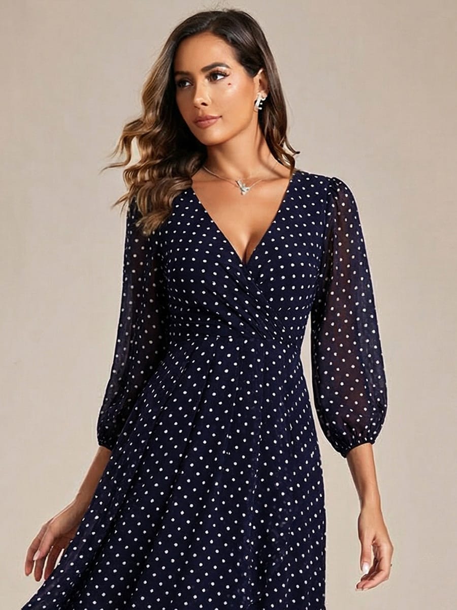 Elegant Long Sleeve V-Neck High Low Chiffon Wedding Guest Dress #color_Navy Blue Polka Dots