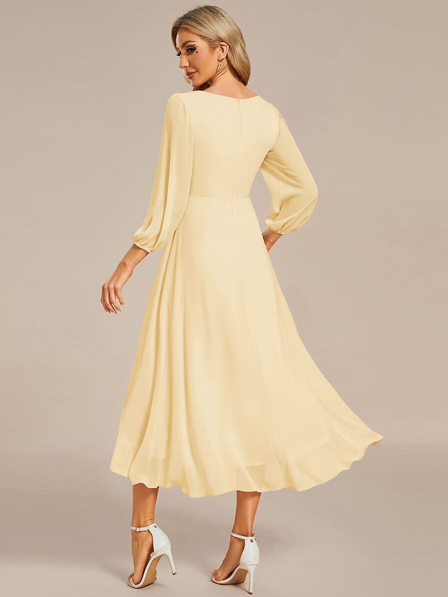 Elegant Long Sleeve V-Neck High Low Chiffon Wedding Guest Dress #color_Yellow
