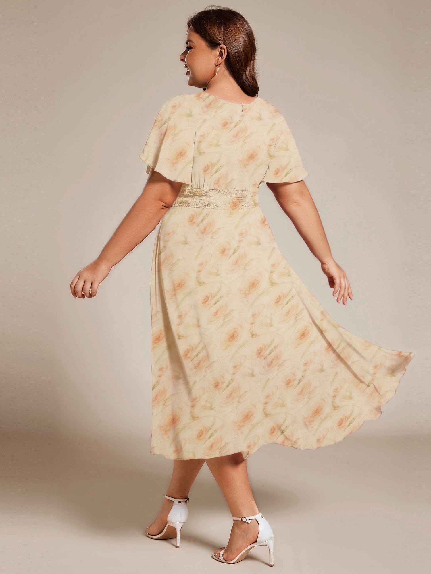 ever EDEN|Flowy Chiffon Round Neckline A-Line Midi Wedding Guest Dress #color_Golden Roses