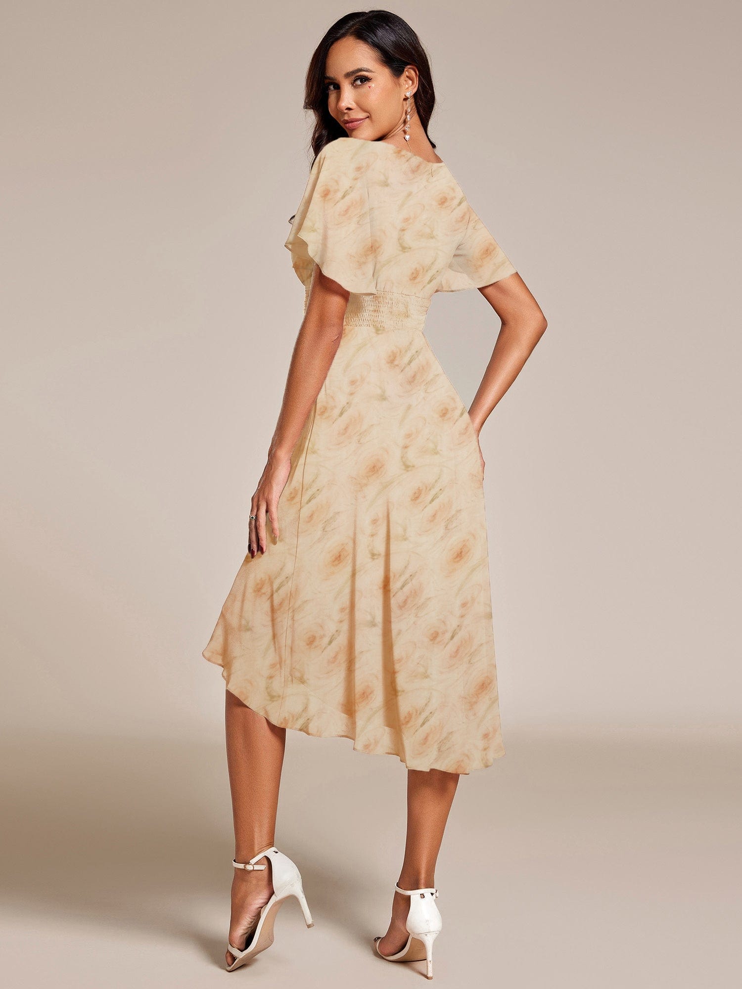 ever EDEN|Flowy Chiffon Round Neckline A-Line Midi Wedding Guest Dress #color_Golden Roses