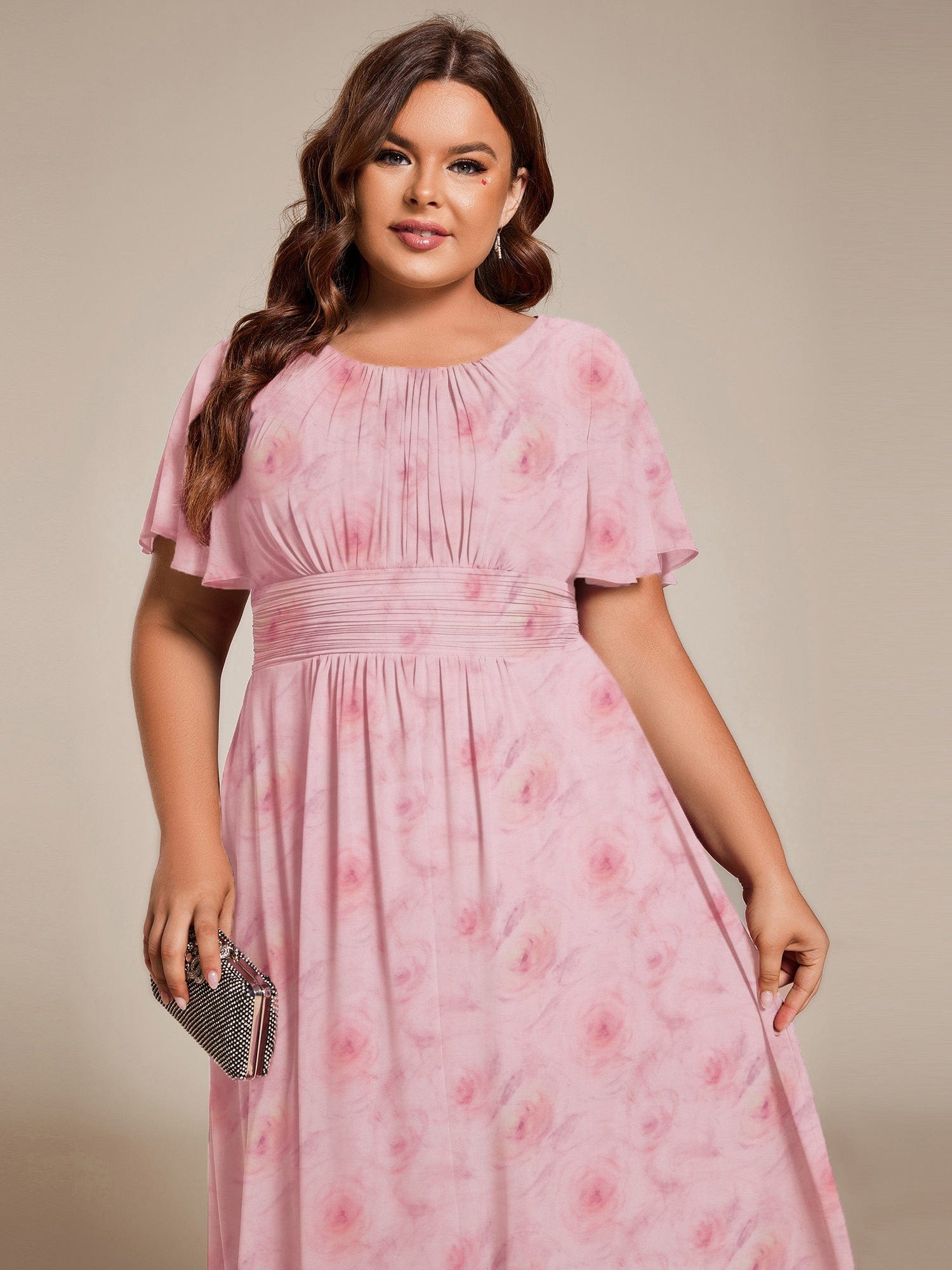 ever EDEN|Flowy Chiffon Round Neckline A-Line Midi Wedding Guest Dress #color_Light Purple Roses