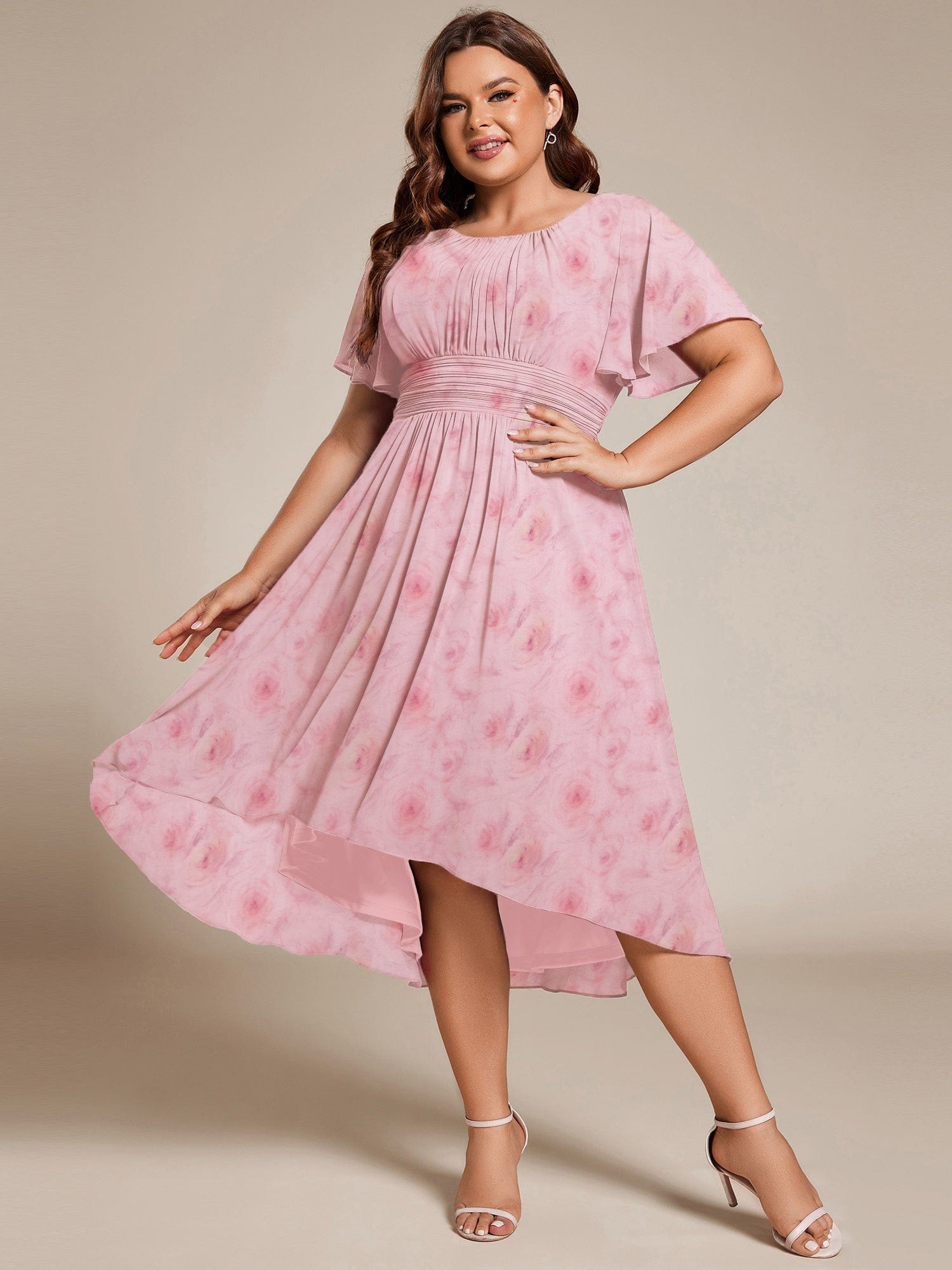 strapless open back dress Elegant Chiffon Dress with Short Sleeves and High-Low Hem In Pink