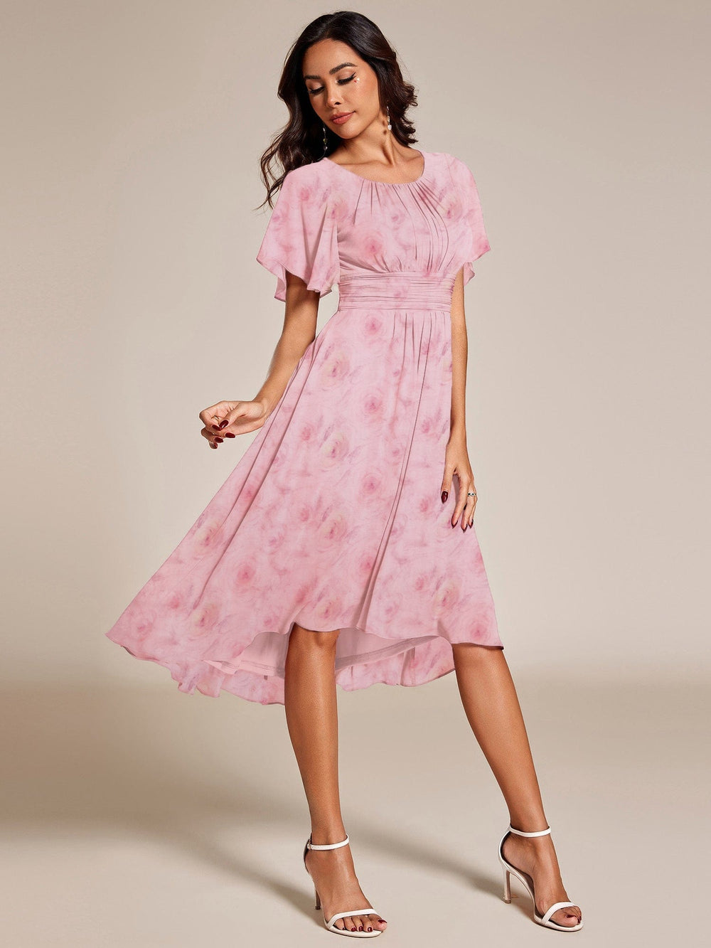 Round Neck Floral A-Line Midi Wedding Guest Dress with Short Sleeves ...