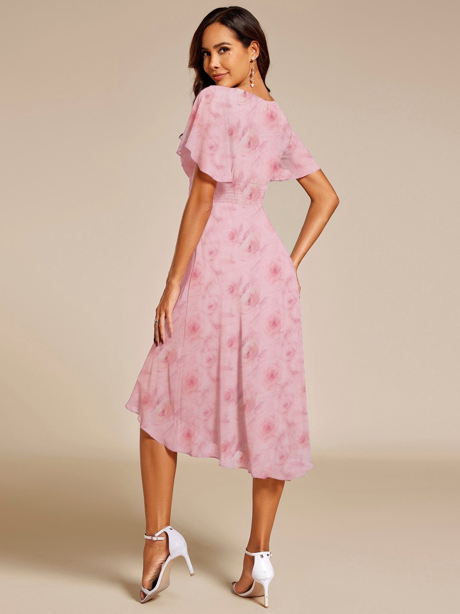 Elegant Chiffon Dress with Short Sleeves and High-Low Hem In Pink