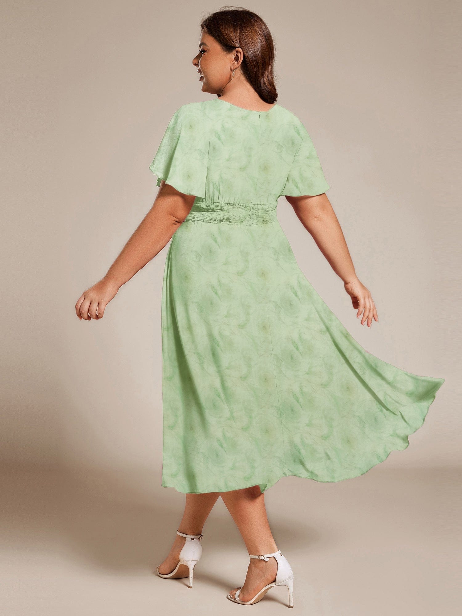 ever EDEN|Flowy Chiffon Round Neckline A-Line Midi Wedding Guest Dress #color_Light Green Roses