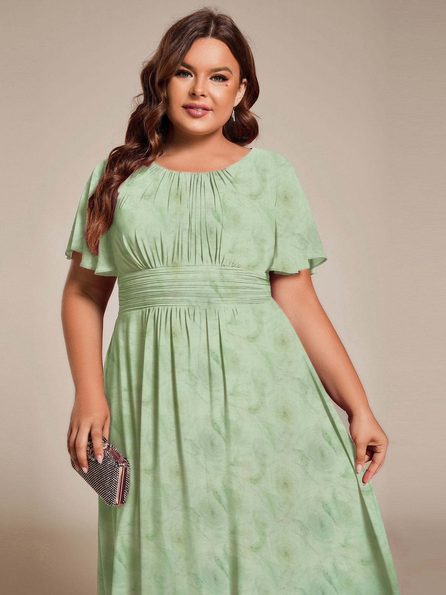 ever EDEN|Flowy Chiffon Round Neckline A-Line Midi Wedding Guest Dress #color_Light Green Roses