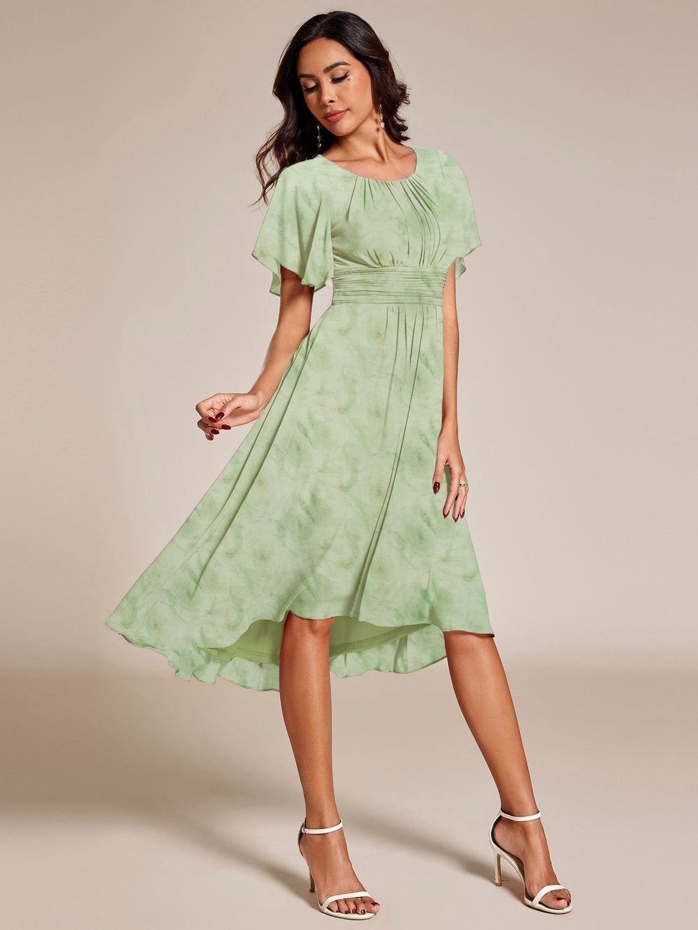 Round Neck Floral A-Line Midi Wedding Guest Dress with Short Sleeves ...