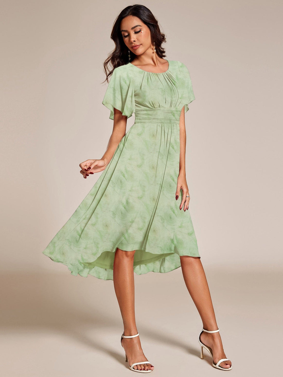 Round Neck Floral A-Line Midi Wedding Guest Dress with Short Sleeves ...