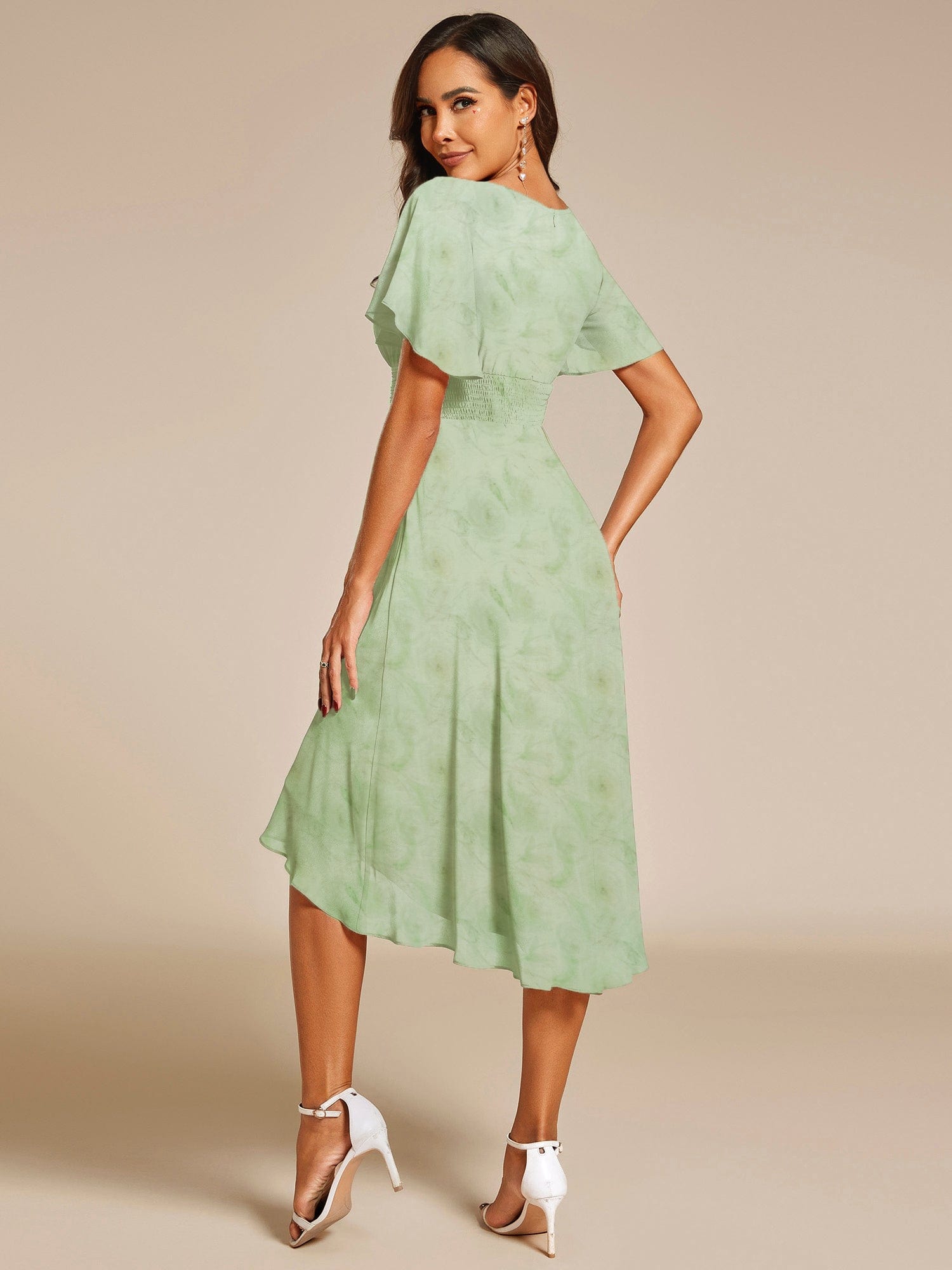 ever EDEN|Flowy Chiffon Round Neckline A-Line Midi Wedding Guest Dress #color_Light Green Roses