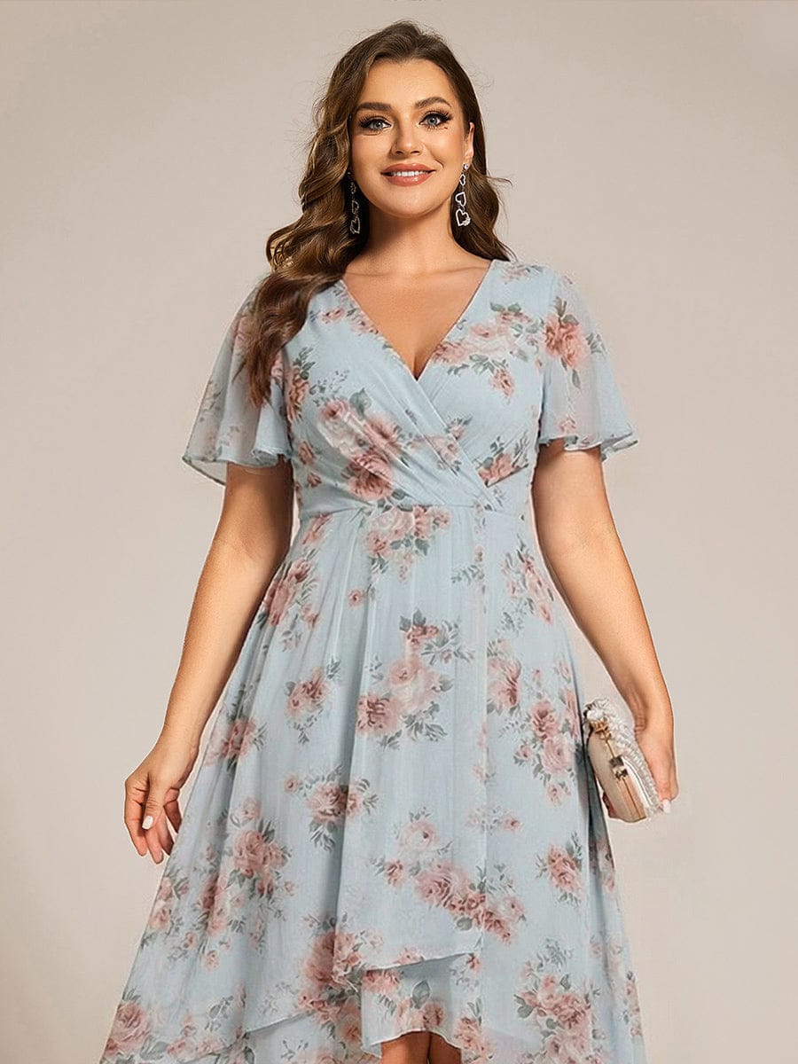 Floral Chiffon Elegance Short Sleeve High-Low Wedding Guest Dress #color_Amber Bloom