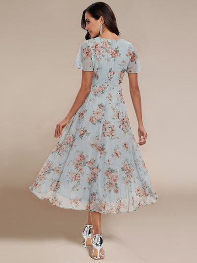 Floral Chiffon Elegance Short Sleeve High-Low Wedding Guest Dress #color_Amber Bloom