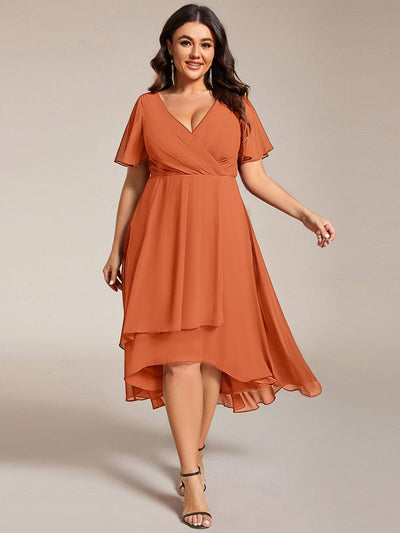Floral Chiffon Elegance Short Sleeve High-Low Wedding Guest Dress #color_Brandied Melon
