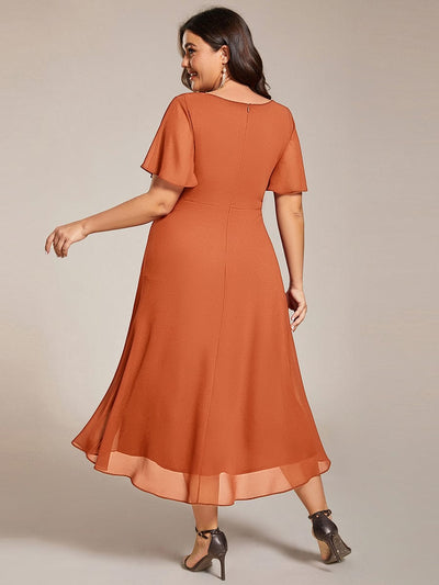 Floral Chiffon Elegance Short Sleeve High-Low Wedding Guest Dress #color_Brandied Melon