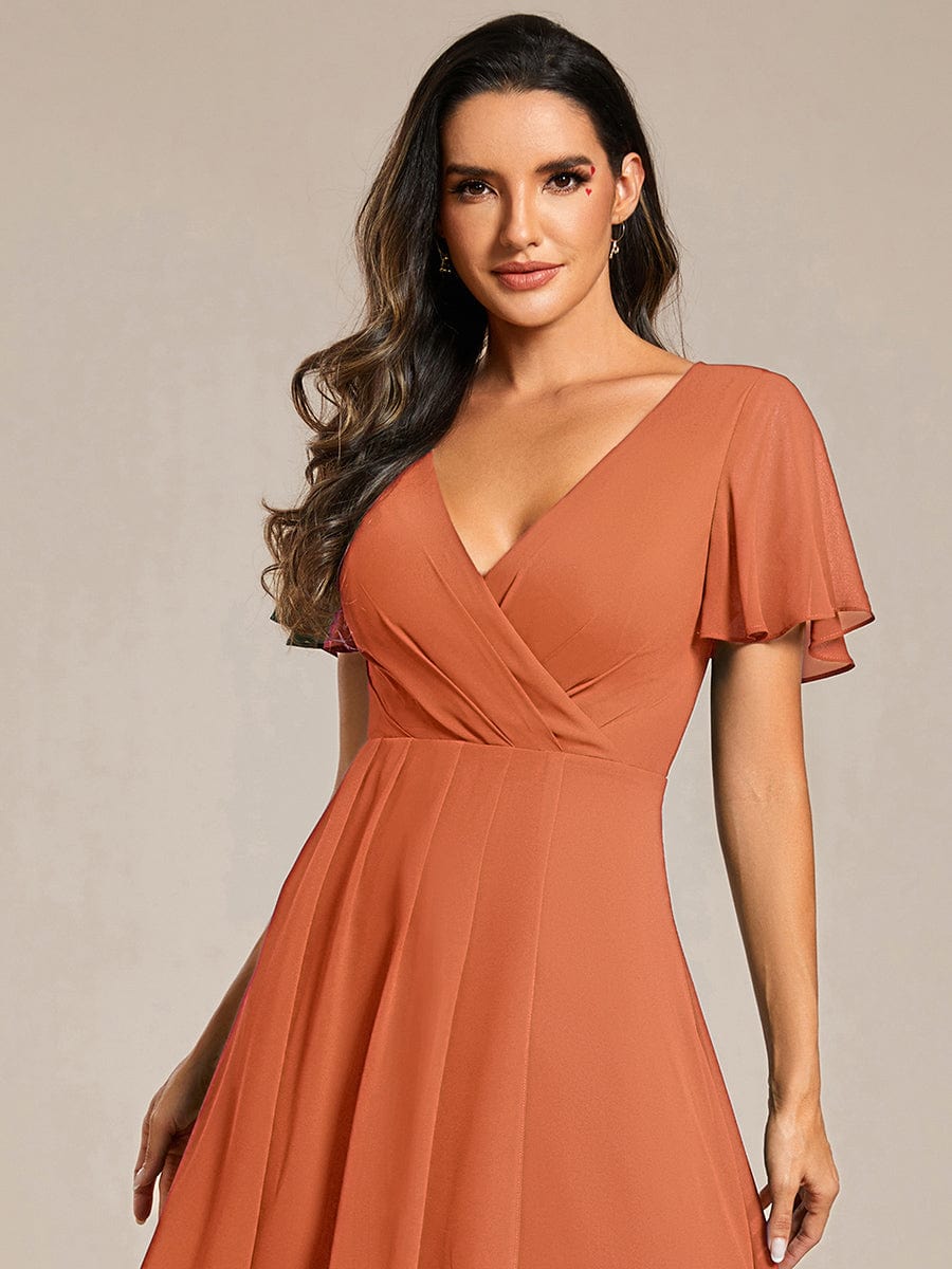 Floral Chiffon Elegance Short Sleeve High-Low Wedding Guest Dress #color_Brandied Melon