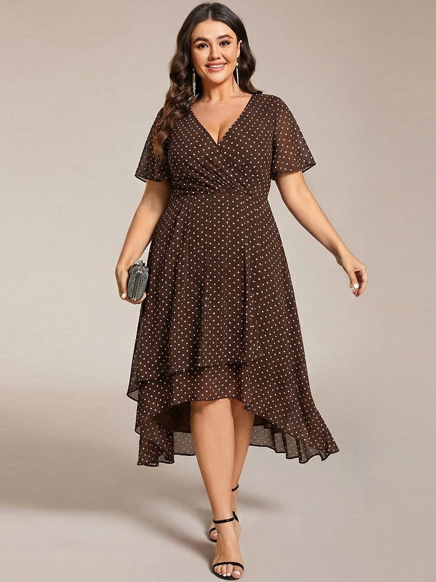 Floral Chiffon Elegance Short Sleeve High-Low Wedding Guest Dress #color_Brown Polka Dots