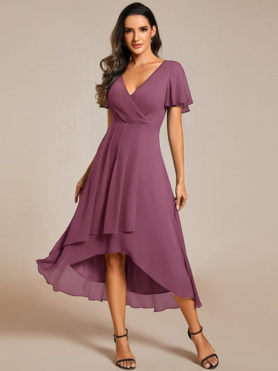 Floral Chiffon Elegance Short Sleeve High-Low Wedding Guest Dress #color_Damson