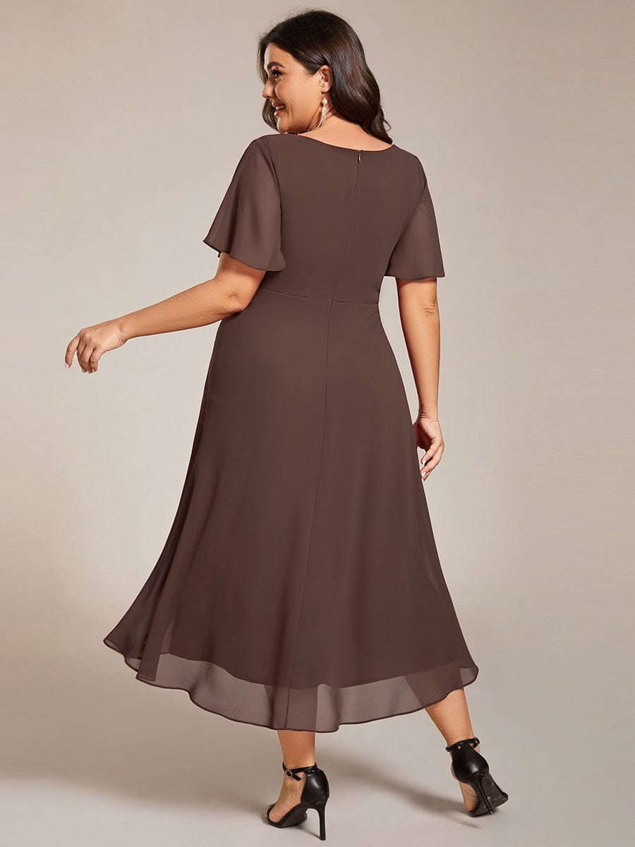 Floral Chiffon Elegance Short Sleeve High-Low Wedding Guest Dress #color_Espresso