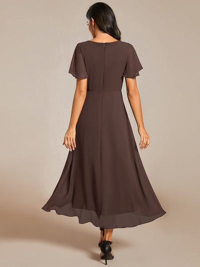 Floral Chiffon Elegance Short Sleeve High-Low Wedding Guest Dress #color_Espresso