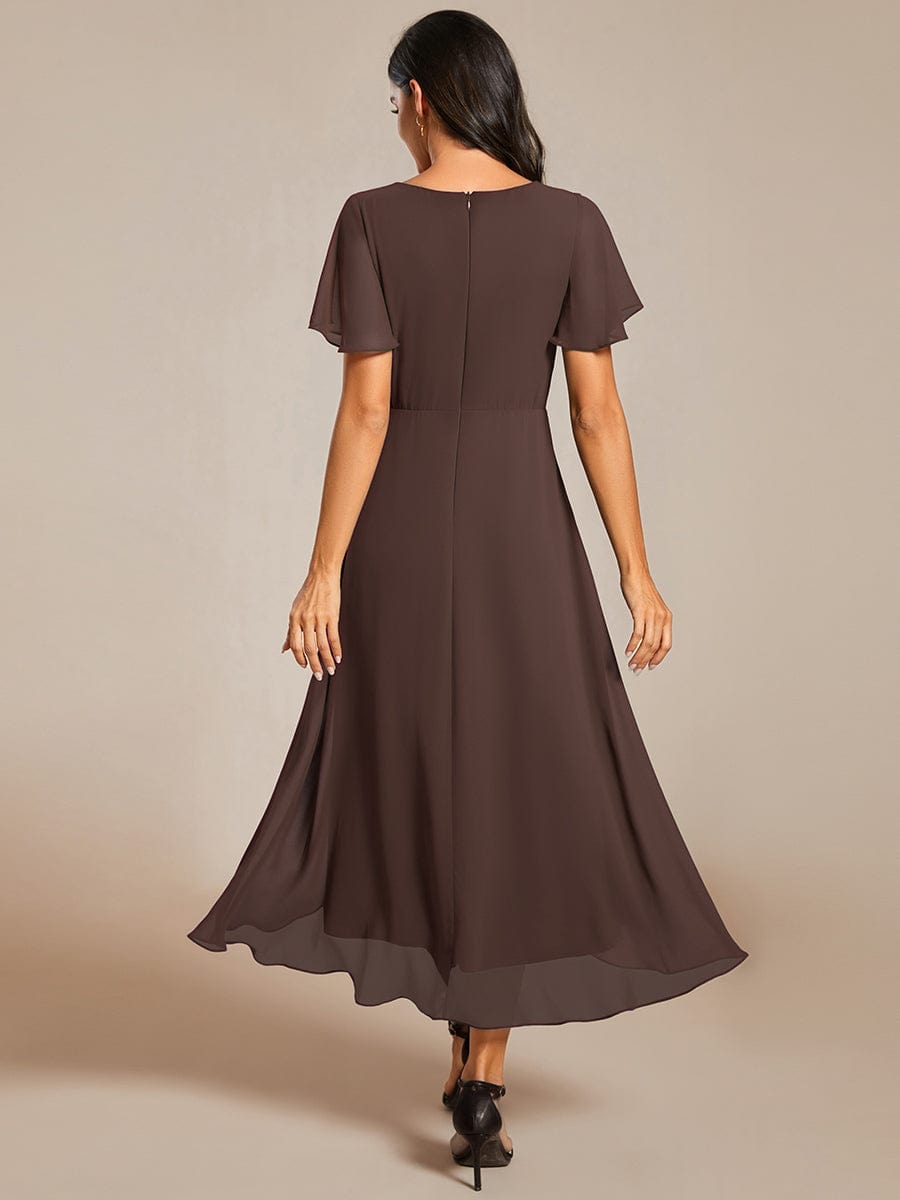 Floral Chiffon Elegance Short Sleeve High-Low Wedding Guest Dress #color_Espresso
