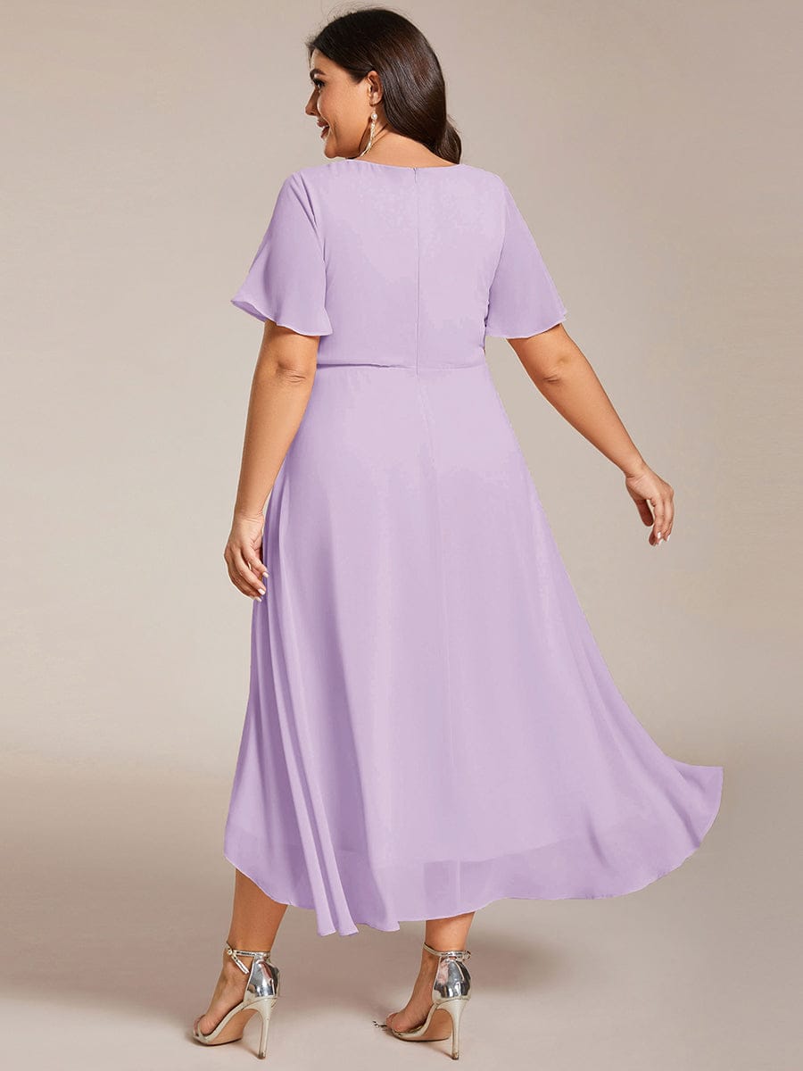 Floral Chiffon Elegance Short Sleeve High-Low Wedding Guest Dress #color_Frosted Lilac
