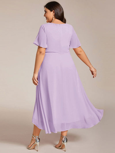 Floral Chiffon Elegance Short Sleeve High-Low Wedding Guest Dress #color_Frosted Lilac