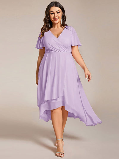 Floral Chiffon Elegance Short Sleeve High-Low Wedding Guest Dress #color_Frosted Lilac