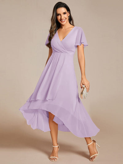 Floral Chiffon Elegance Short Sleeve High-Low Wedding Guest Dress #color_Frosted Lilac