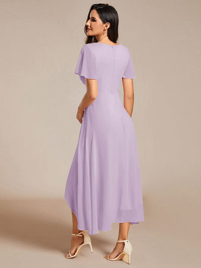 Floral Chiffon Elegance Short Sleeve High-Low Wedding Guest Dress #color_Frosted Lilac