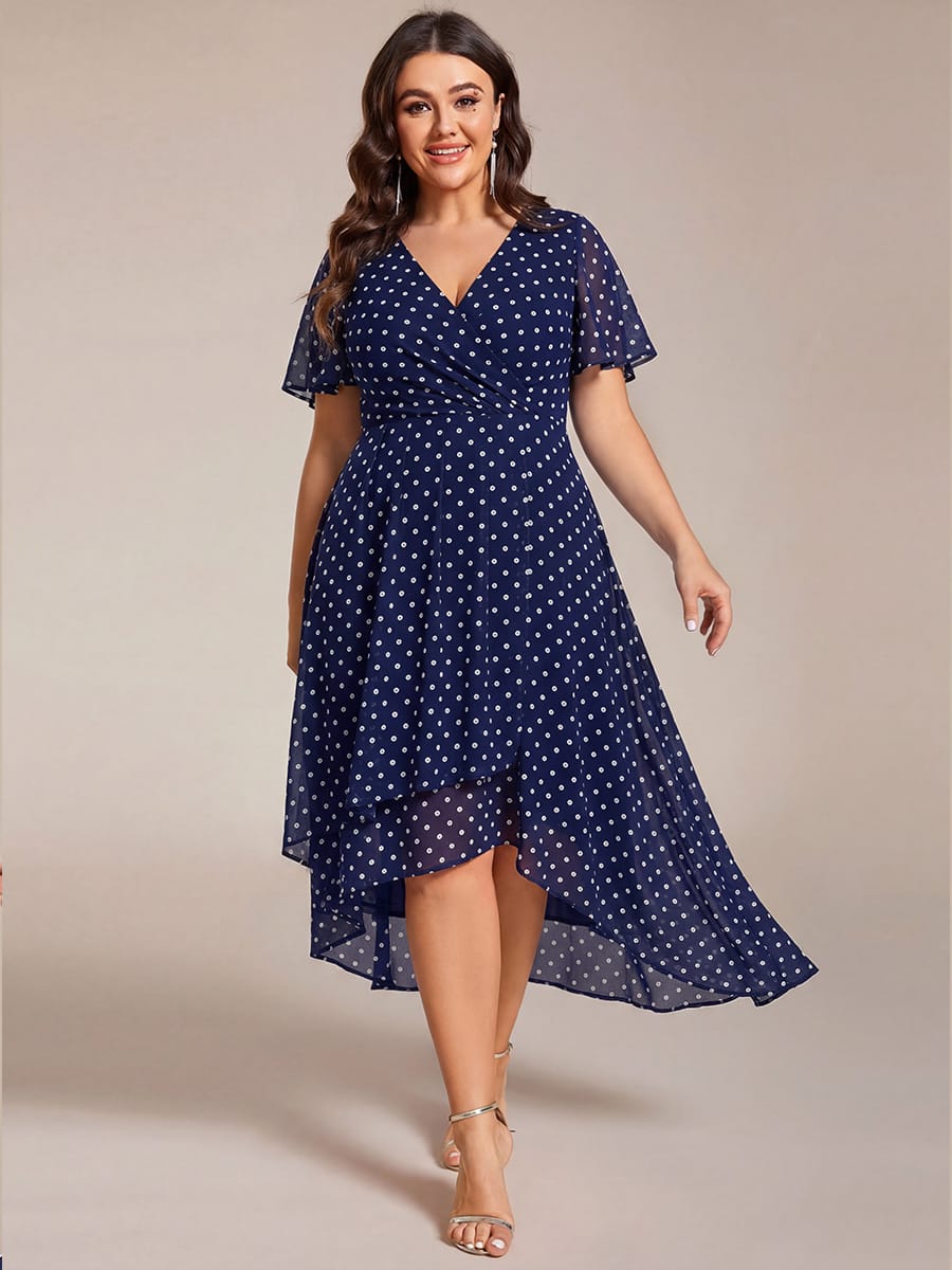 Floral Chiffon Elegance Short Sleeve High-Low Wedding Guest Dress #color_Navy Blue Polka Dots