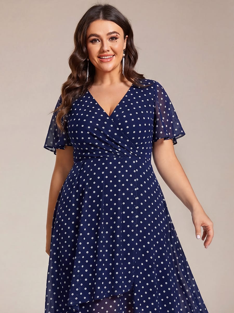 Floral Chiffon Elegance Short Sleeve High-Low Wedding Guest Dress #color_Navy Blue Polka Dots