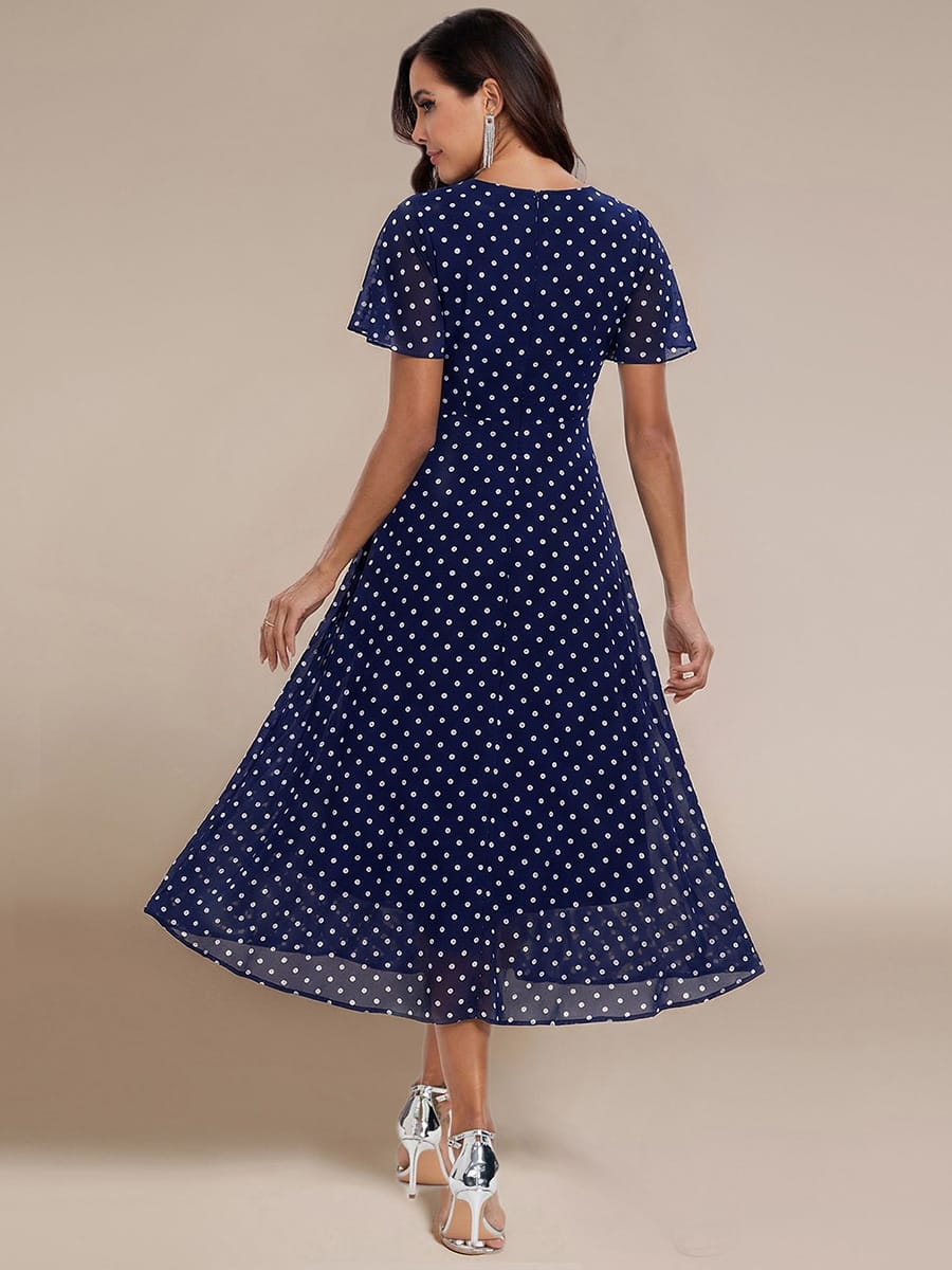 Floral Chiffon Elegance Short Sleeve High-Low Wedding Guest Dress #color_Navy Blue Polka Dots