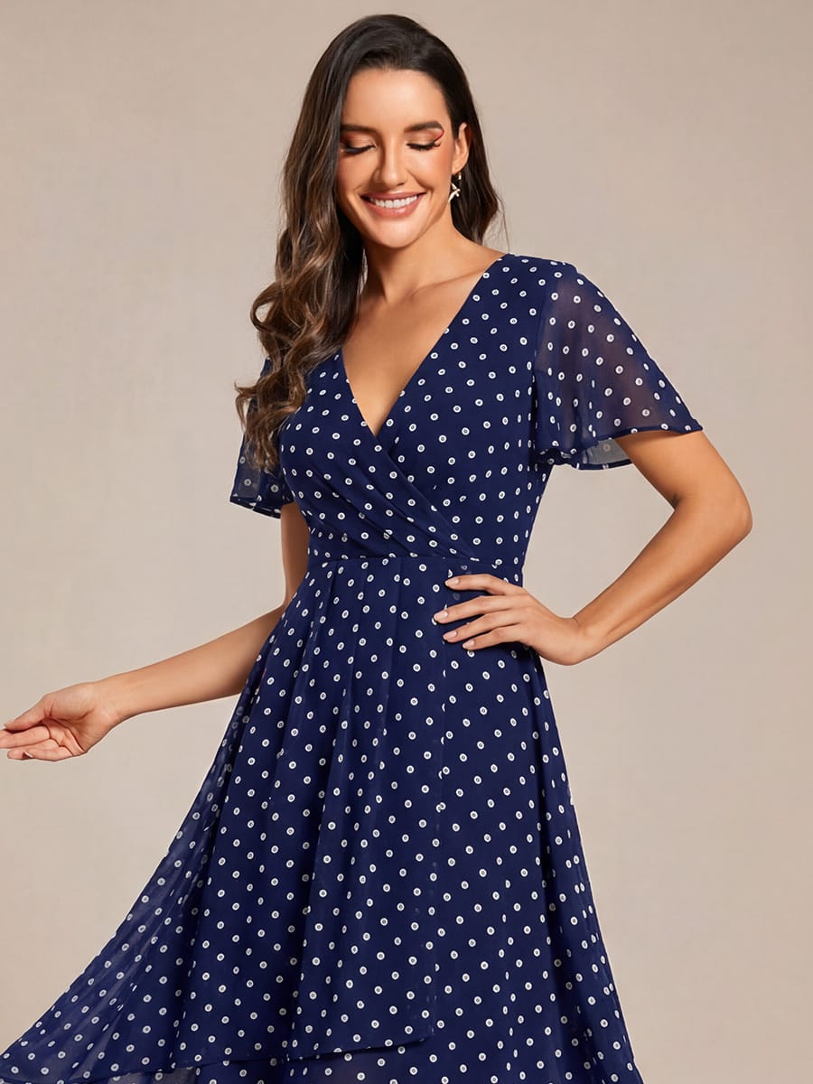 Floral Chiffon Elegance Short Sleeve High-Low Wedding Guest Dress #color_Navy Blue Polka Dots