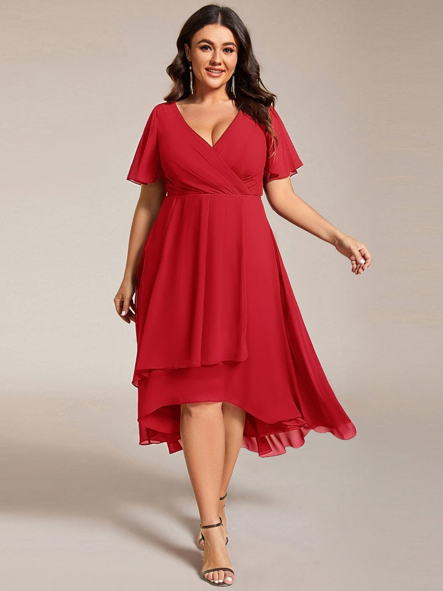 Floral Chiffon Elegance Short Sleeve High-Low Wedding Guest Dress #color_Red