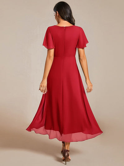 Floral Chiffon Elegance Short Sleeve High-Low Wedding Guest Dress #color_Red