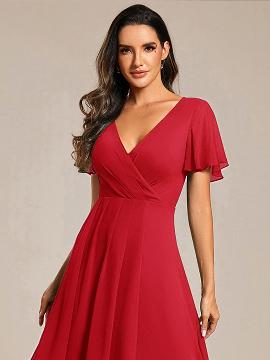Floral Chiffon Elegance Short Sleeve High-Low Wedding Guest Dress #color_Red